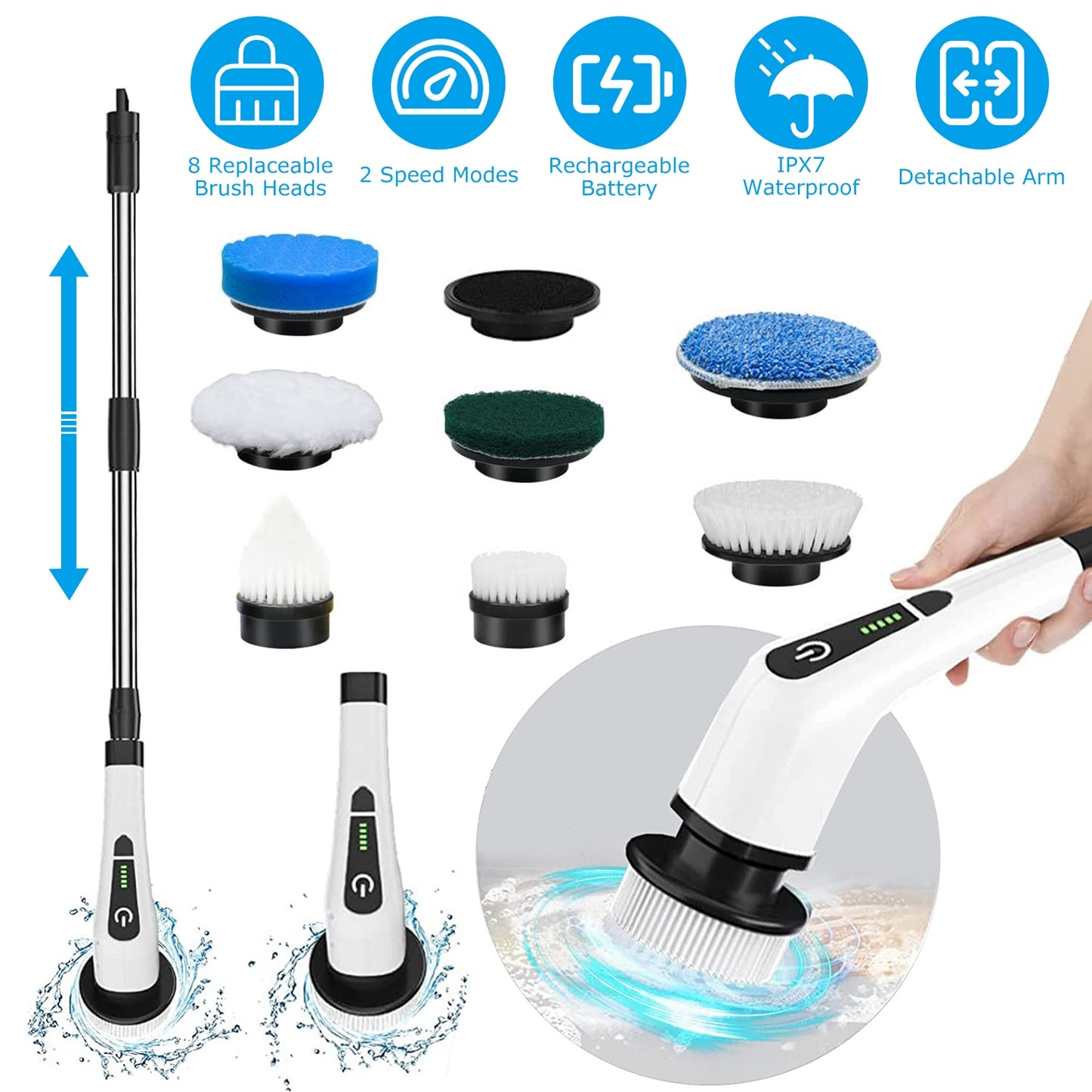 Premium Electric Spin Scrubber | Cleaning Brush 8 Replaceable Heads for deep cleaning